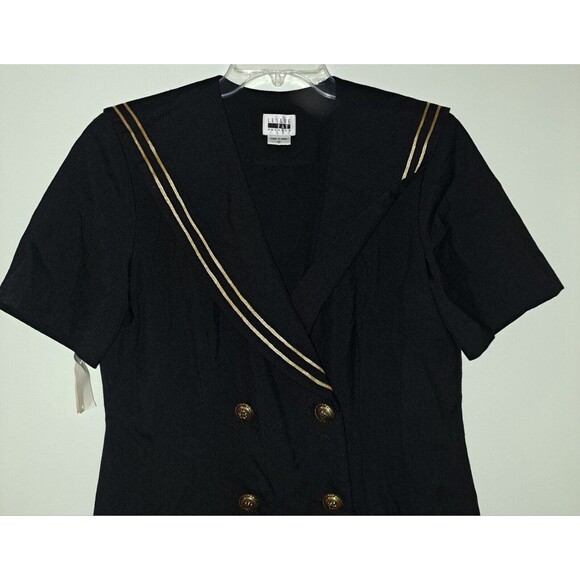 Vintage Leslie Fay Black Gold Trim Front Button Sheath Sailor Style Dress Sz 12 - Picture 3 of 7
